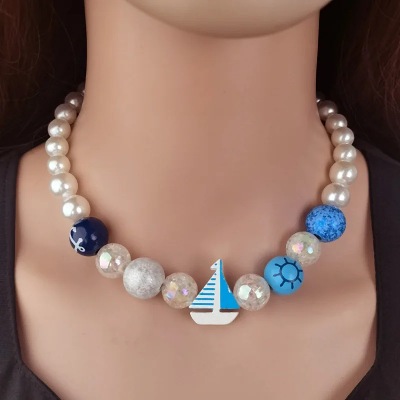 Holiday ocean wind neck chain women's pearl beaded short necklace wholesale blue European and American cross-border fashion pers