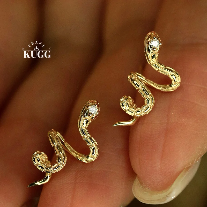 

KUGG 100% серьги из белого/желтого золота 18 карат, модные серьги-гвоздики в форме змеи с настоящими натуральными бриллиантами для женщин, ювелирные изделия для вечеринок