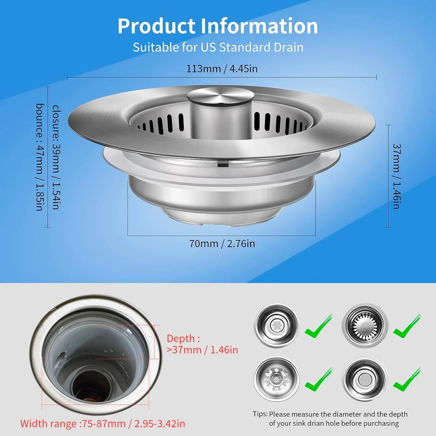 Saringan wastafel dapur Stainless Steel, saringan wastafel Stainless Steel Pop Up Stopper Anti menyumbat makanan penangkap keranjang Filter bau colokan wastafel