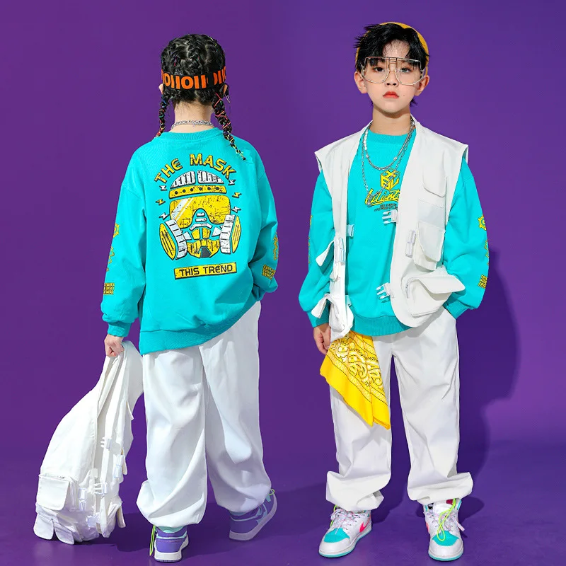 Kids Jazz Dance Costume Hip Hop Sweatshirt White Vest Pants Clothes Boys Top Street Wear Teenage Children Stage Outfits