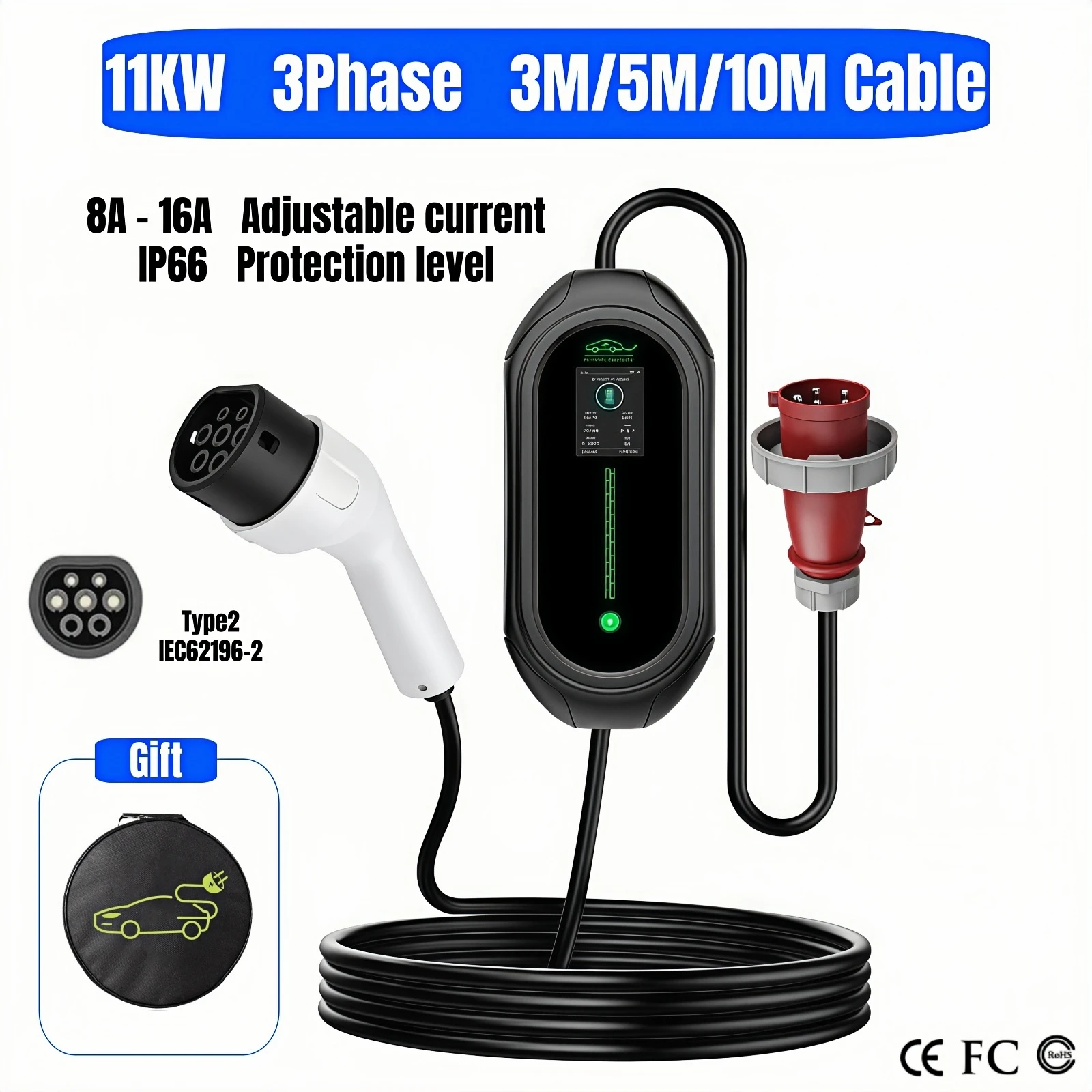 

EV Portable Charger Type 2 Plug Connector 16A 3Phase 11KW IEC62196-2 Type2 Wallbox Charging Station for Electric Car