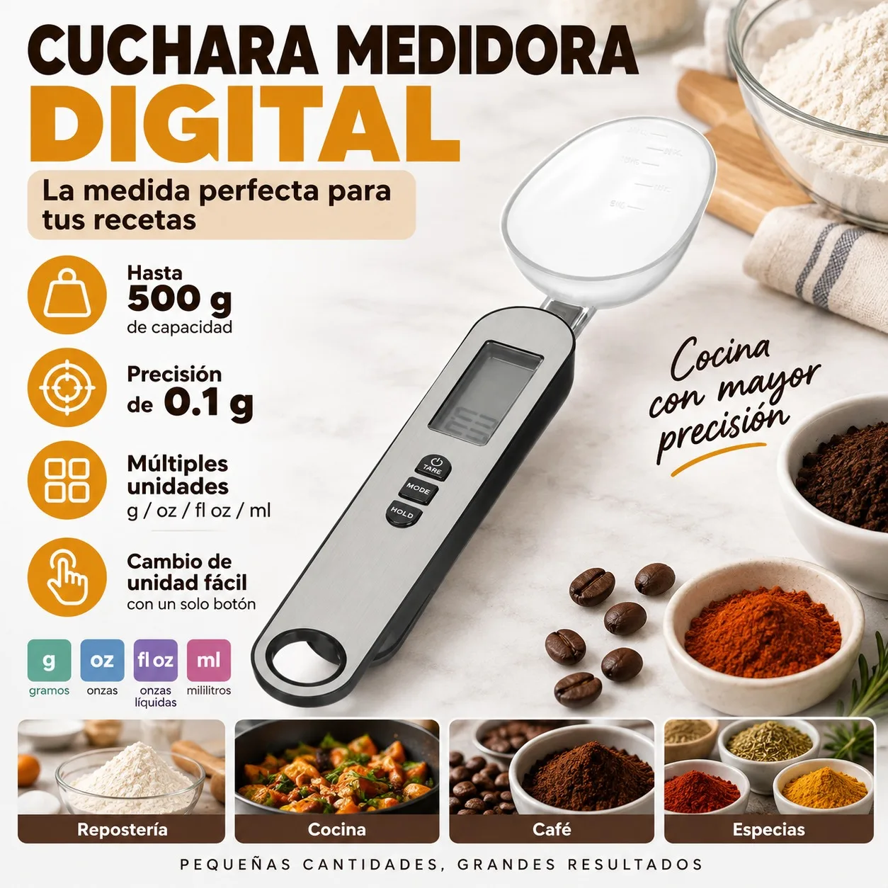 Cucchiaio dosatore digitale ad alta precisione, 500 g/0,1 g, in acciaio inossidabile, con schermo LCD e 2 punte intercambiabili, ideale per la cucina e la pasticceria professionale, dotato di funzione