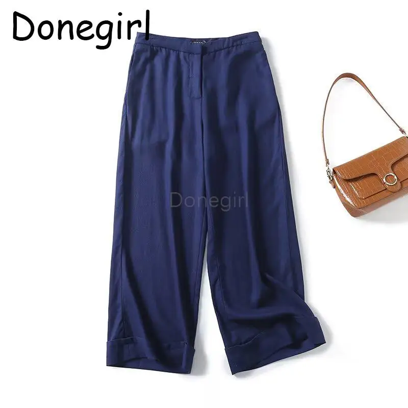 Donegirl Spring New 2024 Women Fashion Solid Loose Linen Straight Cropped Pants Simple Versatile Commute Trousers Female Chic