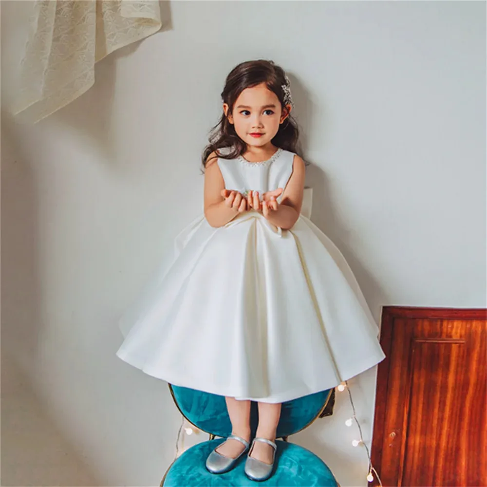 Customizable Round neck, sleeveless satin dress, princess dress, bow knot, knee, birthday party, party dress, flower girl dress