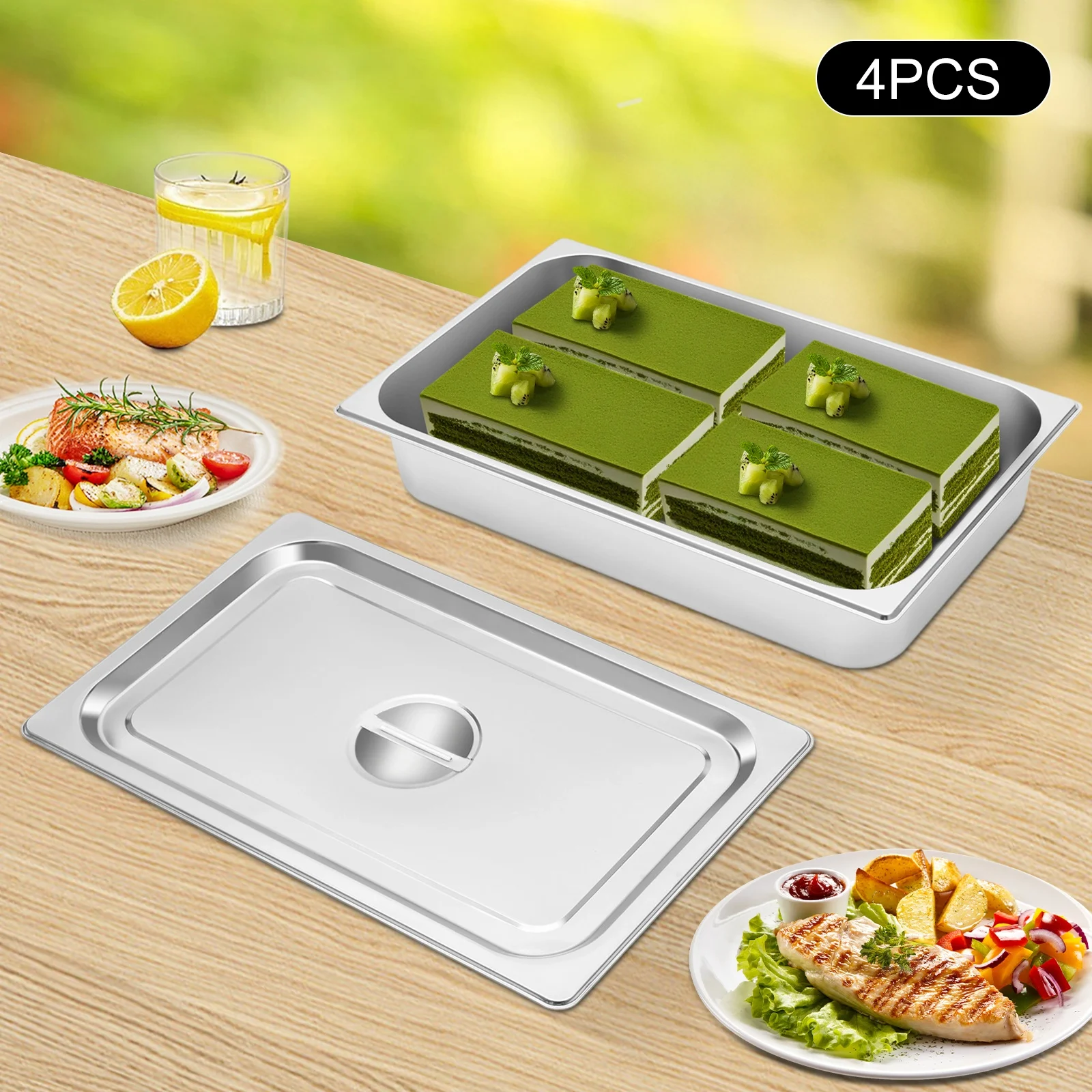 4 PCS Stainless Steel Table Pans with Lids Rectangle for Home Restaurants Hotels Buffets Party BBQ Baking