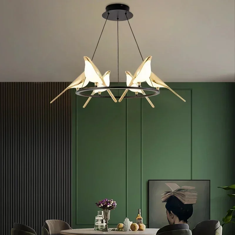 NEW LED Gold Magpie Bird Ceiling Chandelier for Dining Room Luminaire Suspension Pendant Lamp Decorative Lighting Lustre