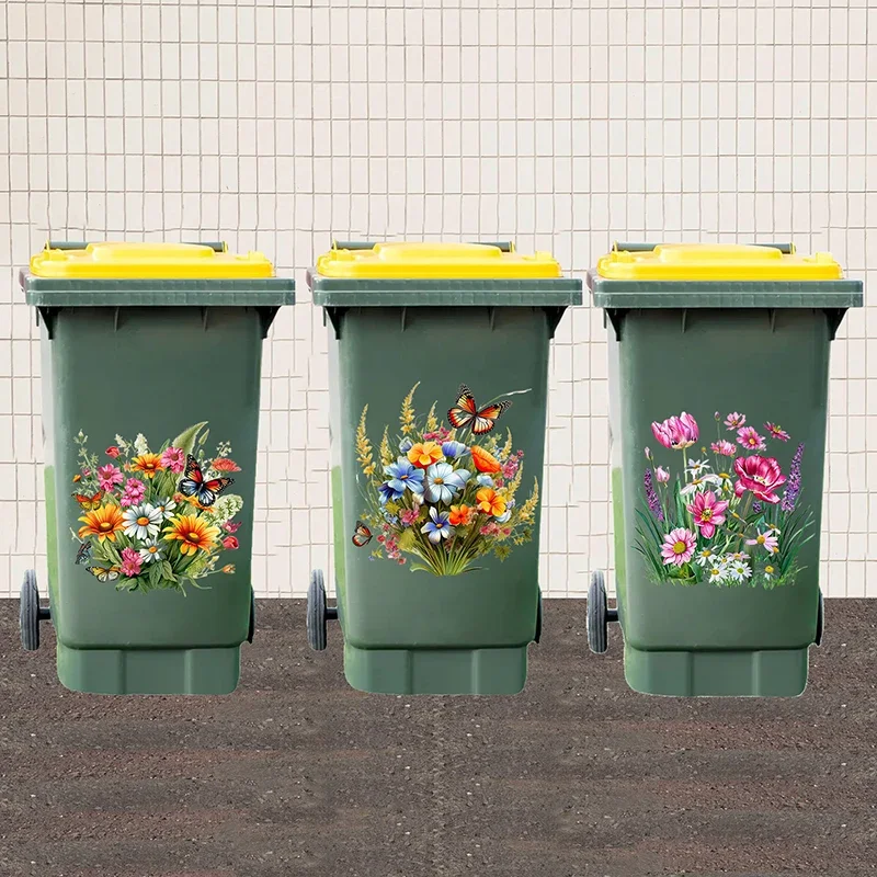 Sunflower Trash Can Stickers Floral Wheel Trash Can Stickers Self-Adhesive Waterproof PVC Decals For Walls Bathroom Home Decor view 3