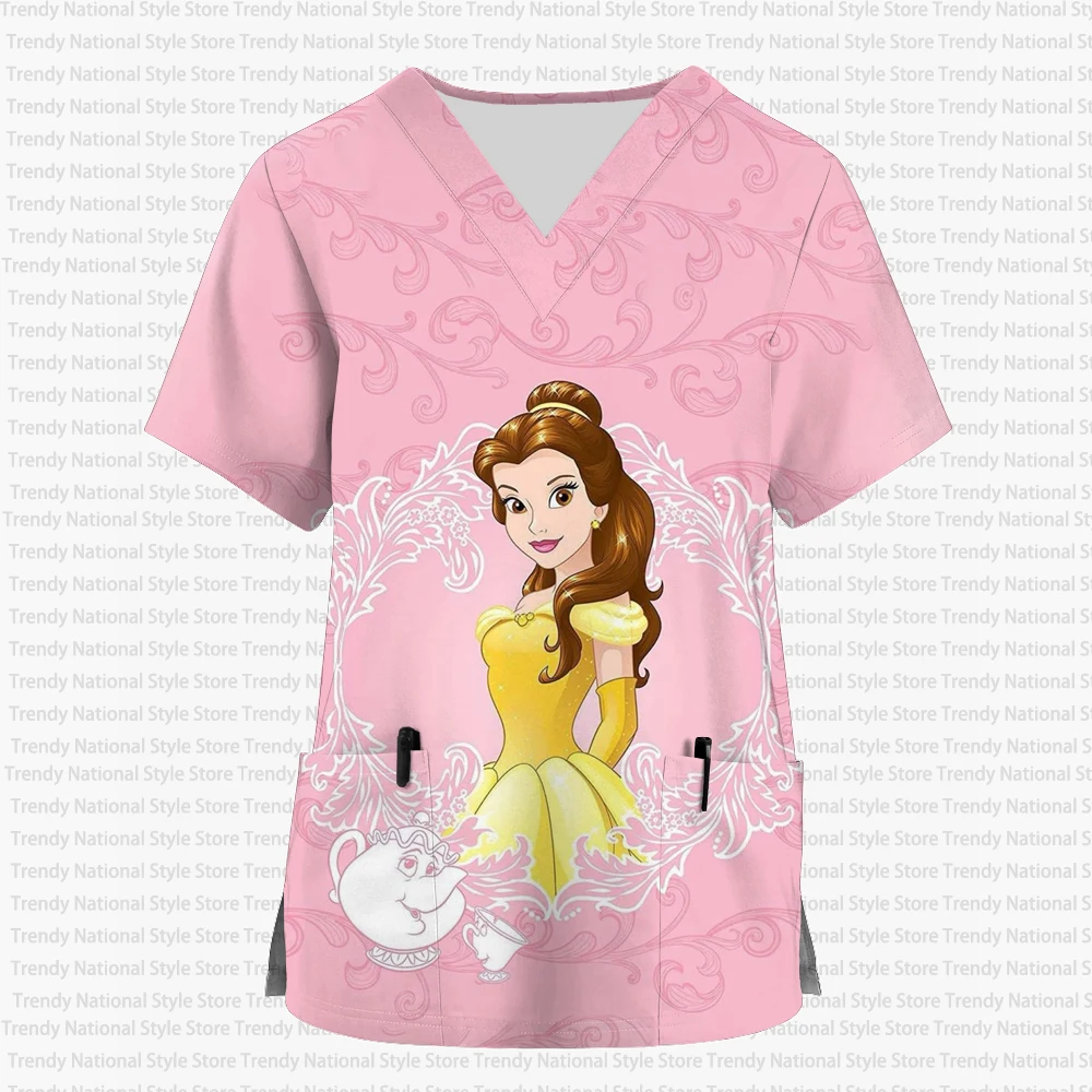 Damska bluzka pielęgniarska z nadrukiem, dekolt w serek, krótki rękaw, matowa, motyw Disney Belle Princess, koszulka damska do szpitala, sklepu zoologicznego.