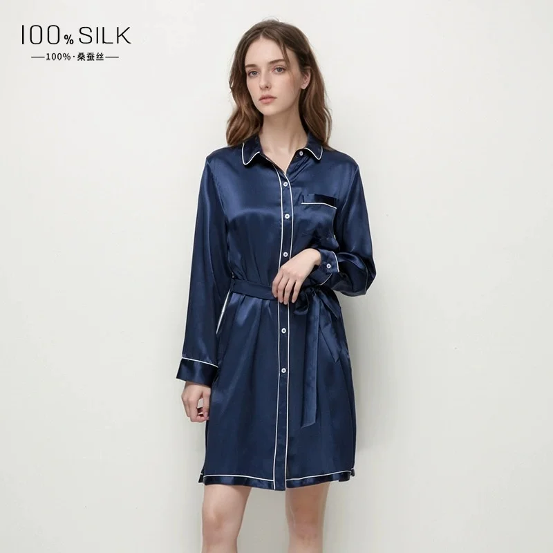 2025 Summer New Style Silk Nightdress for Women - 100% Mulberry Silk, Long-sleeved Collared Loungewear Cardigan Shirt Dress