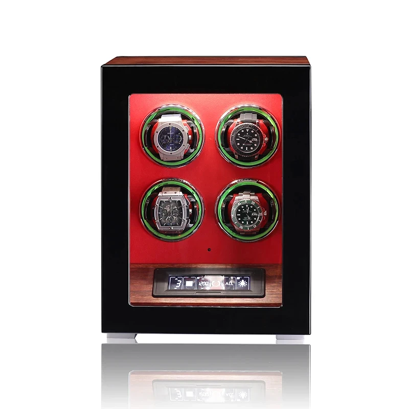 Wooden Black Silent Winder 4 Slots Red Watch Storage Box With Fingerprint Un Ambient Lighting