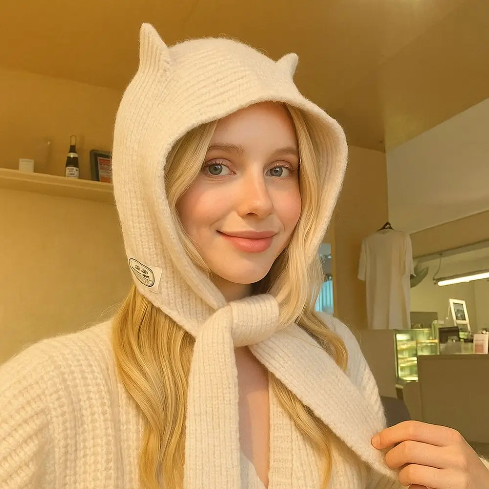 Милый корейский стиль, шарф, шапка, интегрированная вязаная Балаклава, теплая универсальная шапка-бомбер в стиле ретро, женская осенне-зимняя шапка