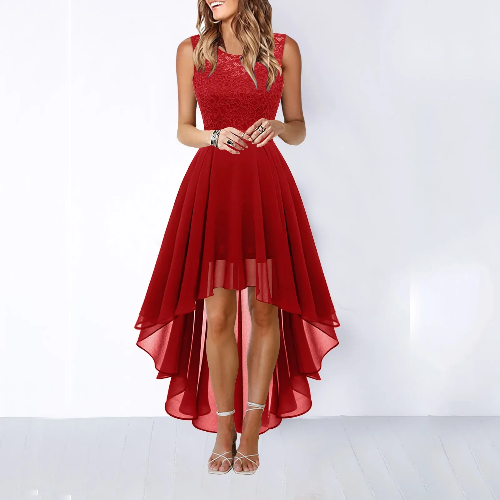 Lace Dress Bow Belt Elegant Irregular Length Dresses For Women 2023 Wedding Guest Sleeveless Bridesmaid Cocktail Party Dress