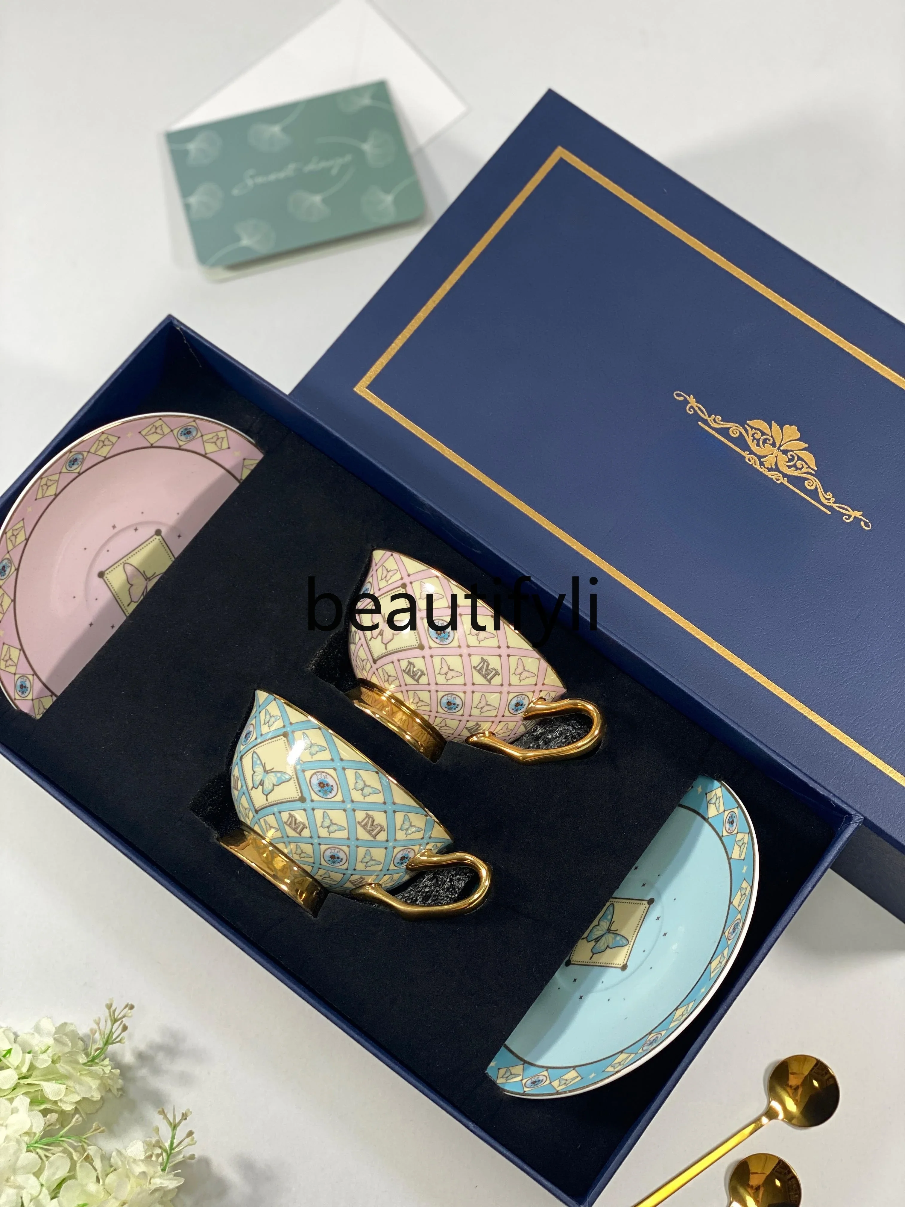 Retro bone china coffee cup afternoon tea cup saucer gift box wedding gift housewarming set