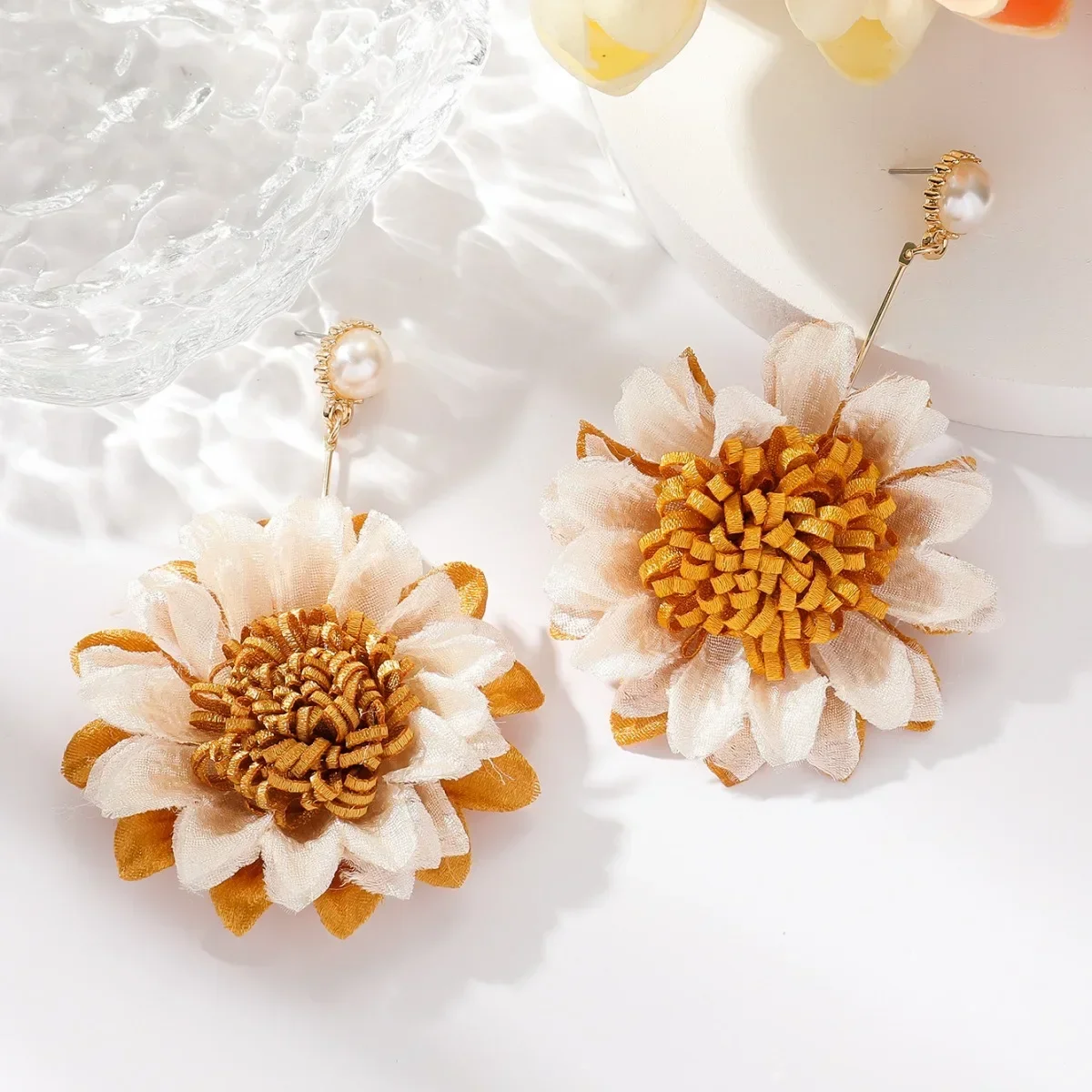 Vintage Orange Gauze Sunflower Flower Stud Earrings White Imitation Pearl Stud Earring for Women Beach Holiday Party Jewelry