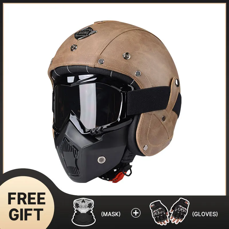 Men's Capacete Aberto Para Moto Leather Four Seasons Universal DOT Casque Moto Cross Retro Jet Helmet Safety Cap Skull Mask