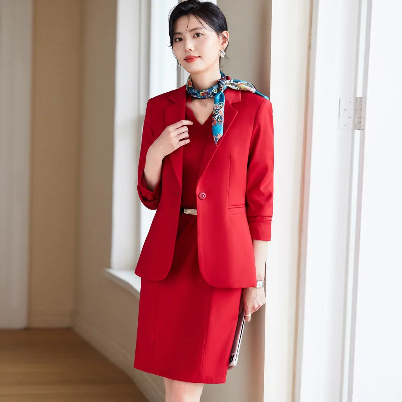 High Quality Fabric Formal Women Blazers Business Office Work Wear with Blazers and Dress Professional OL Styles Outfits Set