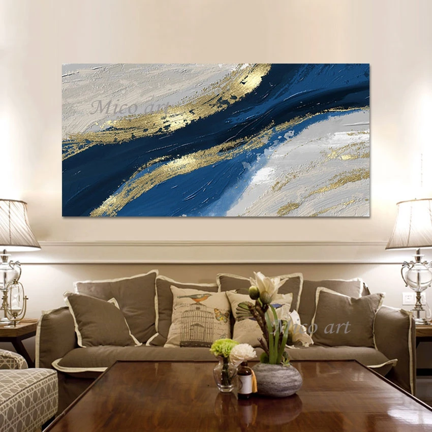 Canvas Oil Paintings, Gold Foil Textured Wall, Frameless Abstract Art, 100％ Hand Painted, Modern Art, White Blue Acrylic Picture