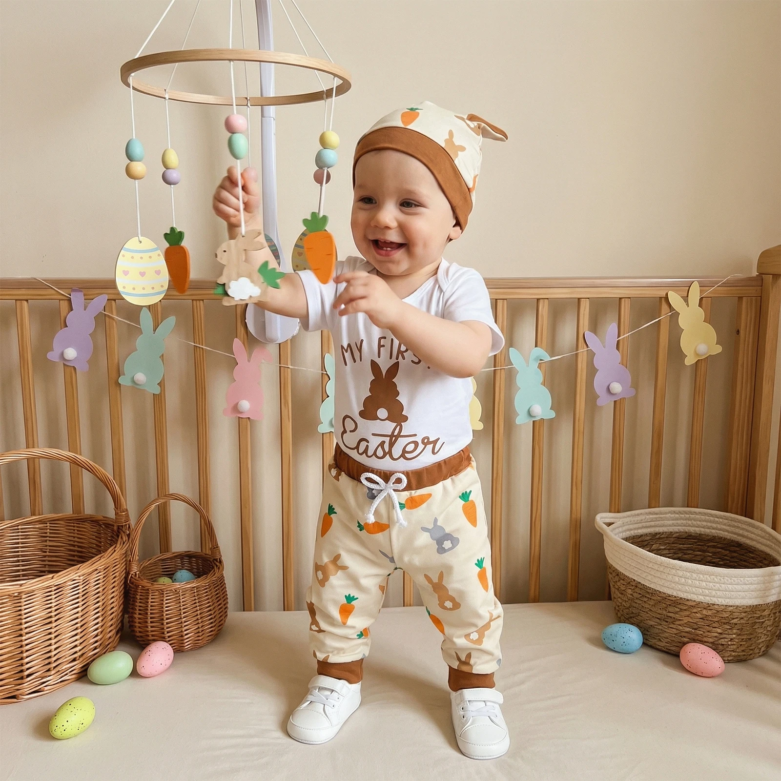 

Summer Easter Infant Baby Boys Clothing Set Cute Bunny Print Long Sleeve Romper Pants Hat Outfit Clothes