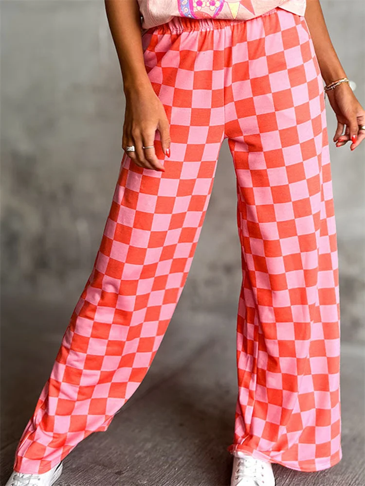 CHRONSTYLE Women Wide-Leg Pants Plaid Print Elastic Waist Loose Casual Trousers Spring Summer Sweatpants Bottoms Streetwear 2024