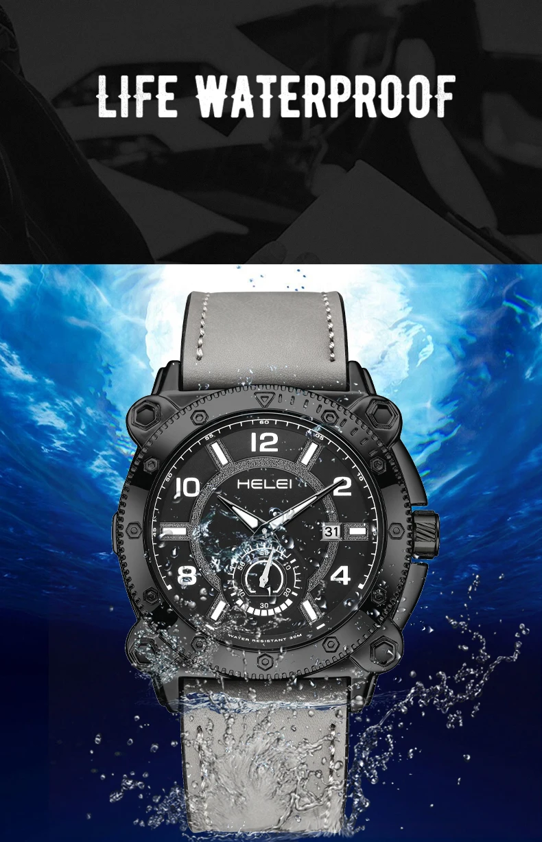 ساعة يد كوارتز كاجوال رياضية جديدة من HELEI بحزام جلدي للرجال