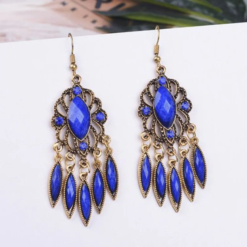 Royal Blue Ethnic Vintage Dangle Earrings for Women Elegance Tassel Water Drop Design Earring Wedding Festival Jewelry