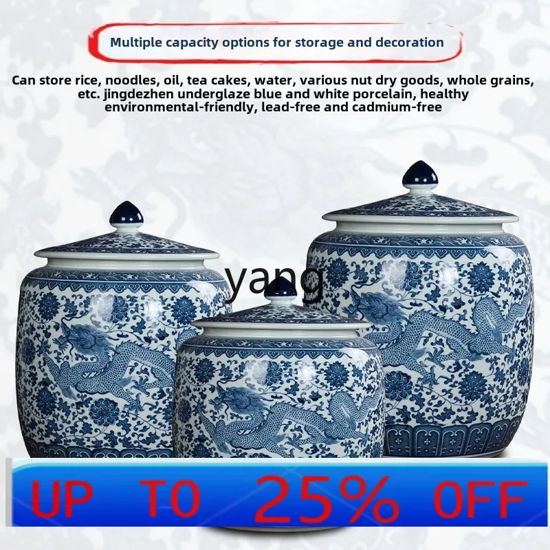 

LHH underglaze antique blue and white double dragon pattern ceramic storage tank rice surface water oil tank