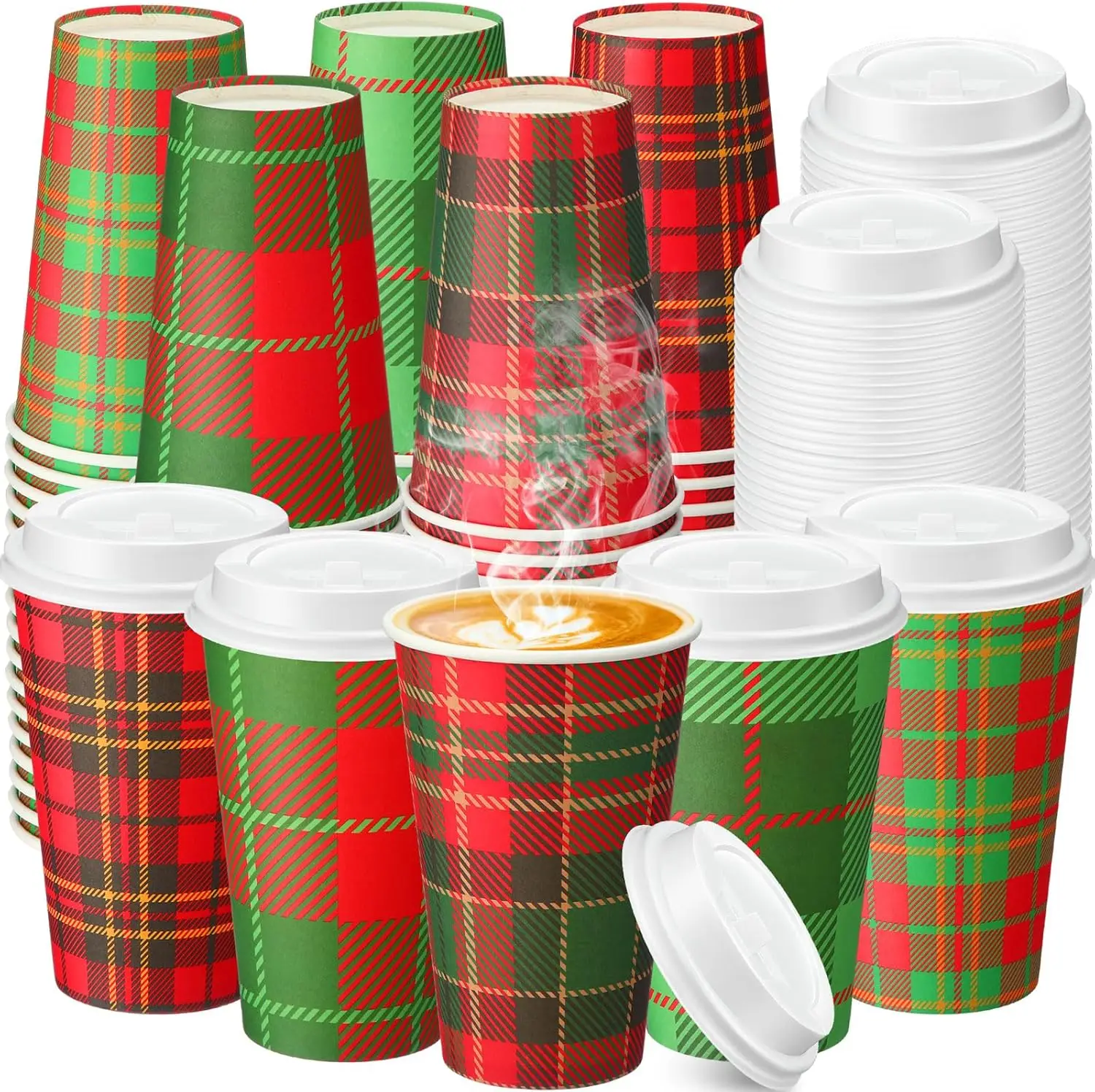 

150 Pcs Christmas Plaid Paper Cups 16 oz Disposable Coffee Cup with Lids Christmas Cups Coffee Bar Supplies for Hot Coco