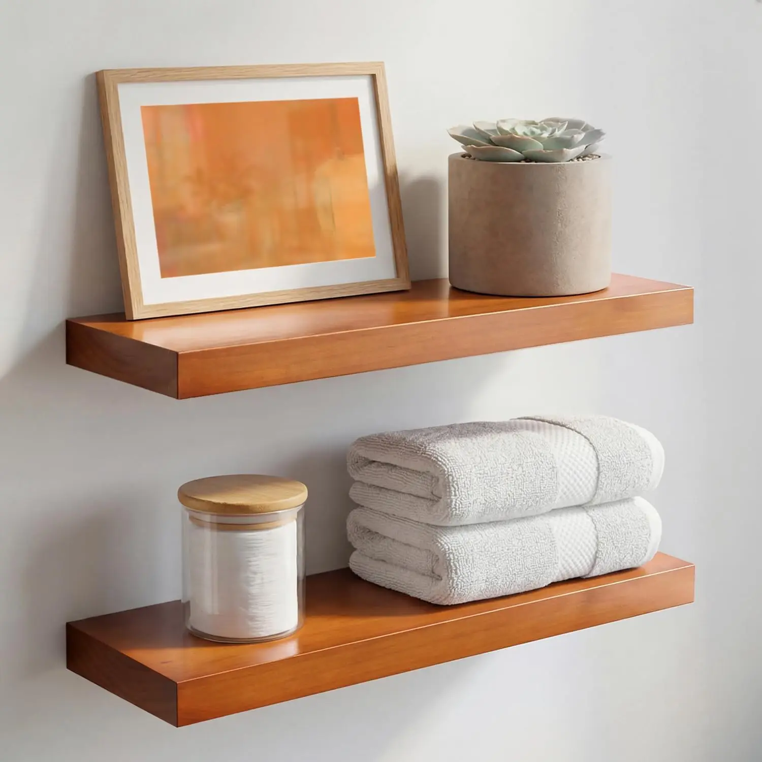 

18 inch Floating Shelf Set of 2, Solid Real Wood, Heavy Duty Bracket, Honey Oak Finish, 18x6.5x1.75 inches