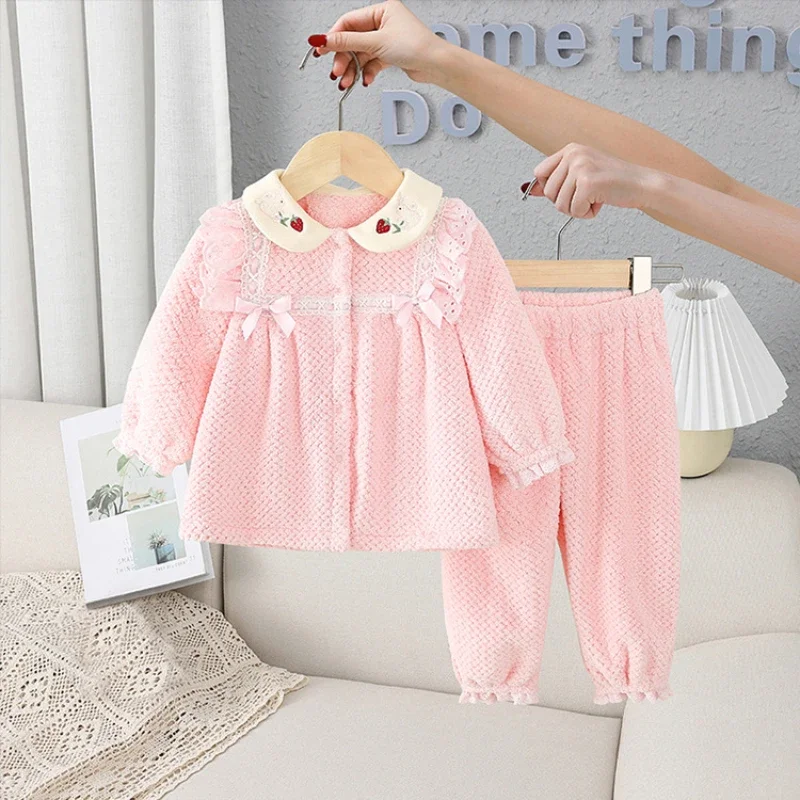 

2024 New Children's Home Clothes Baby Kids Girls Autumn and Winter Sets Fashion Fleece-Lined Warm Pajamas Top and Bottom Suit