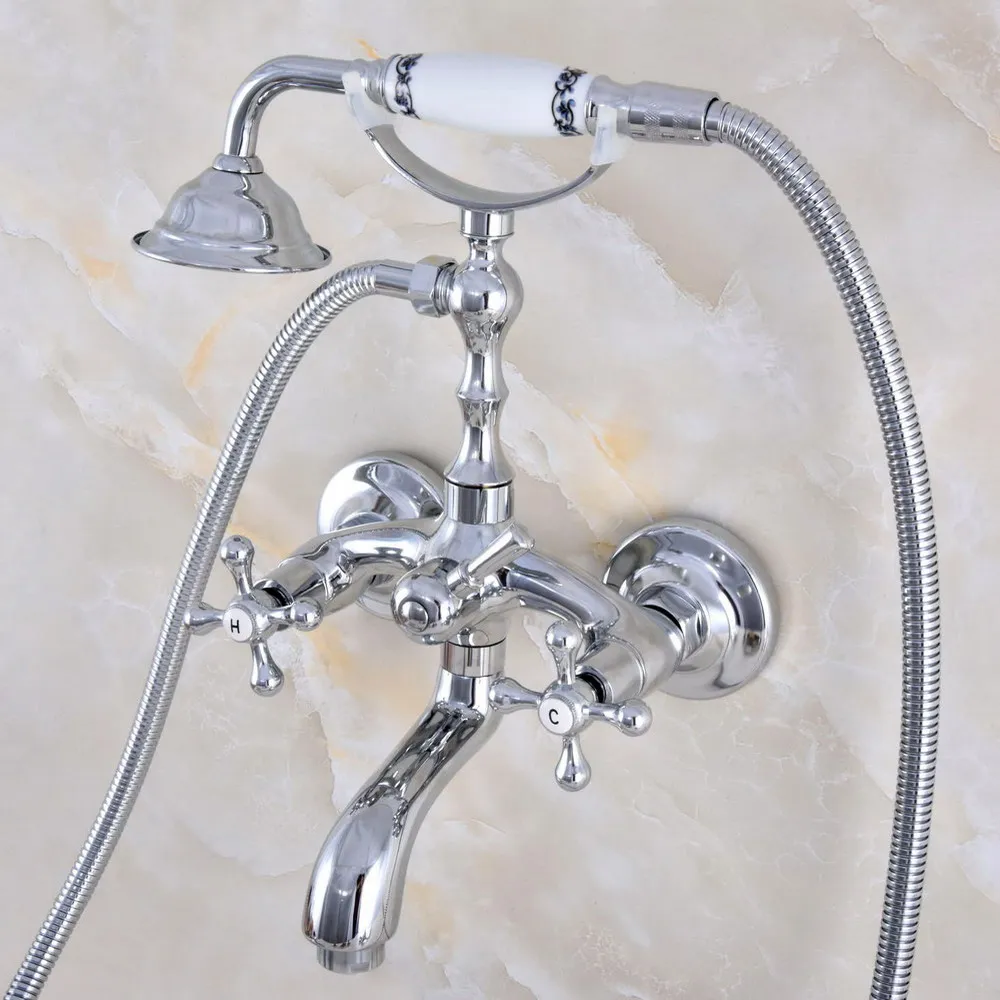 Silver Chrome Brass Wall Mounted Bathroom Tub Faucet Set with 1500MM Handheld Shower Spray Head Bath Mixer Tap 2tf817