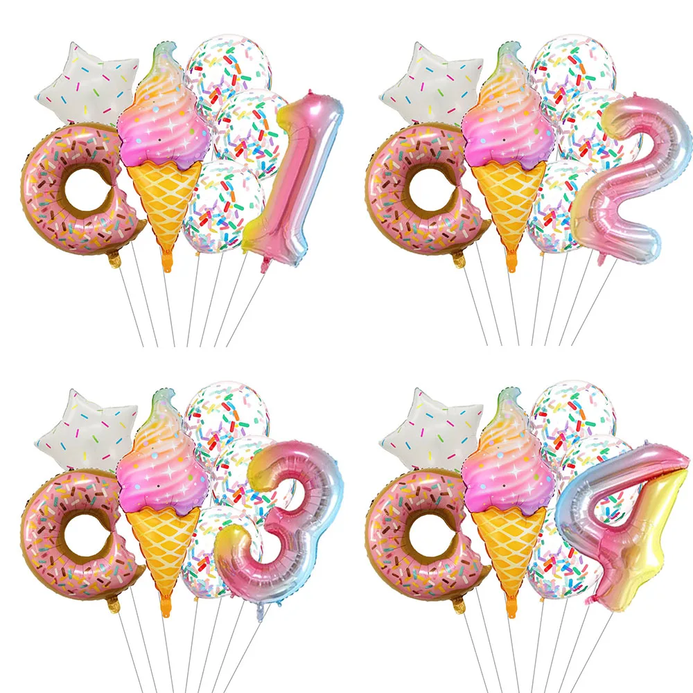 7 Stuks Snoep Donut Ijs Folie Ballonnen Kleurrijke Confetti Ballon 1 2 3 4 5 7 8 9 Jaar Kinderen Verjaardagsfeestje Baby Shower Decor