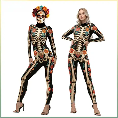 Halloween Cosplay Costume Horror Skull Print Long Sleeved Women Jumpsuit Day of The Dead Party Role Playing Outfits for Adults