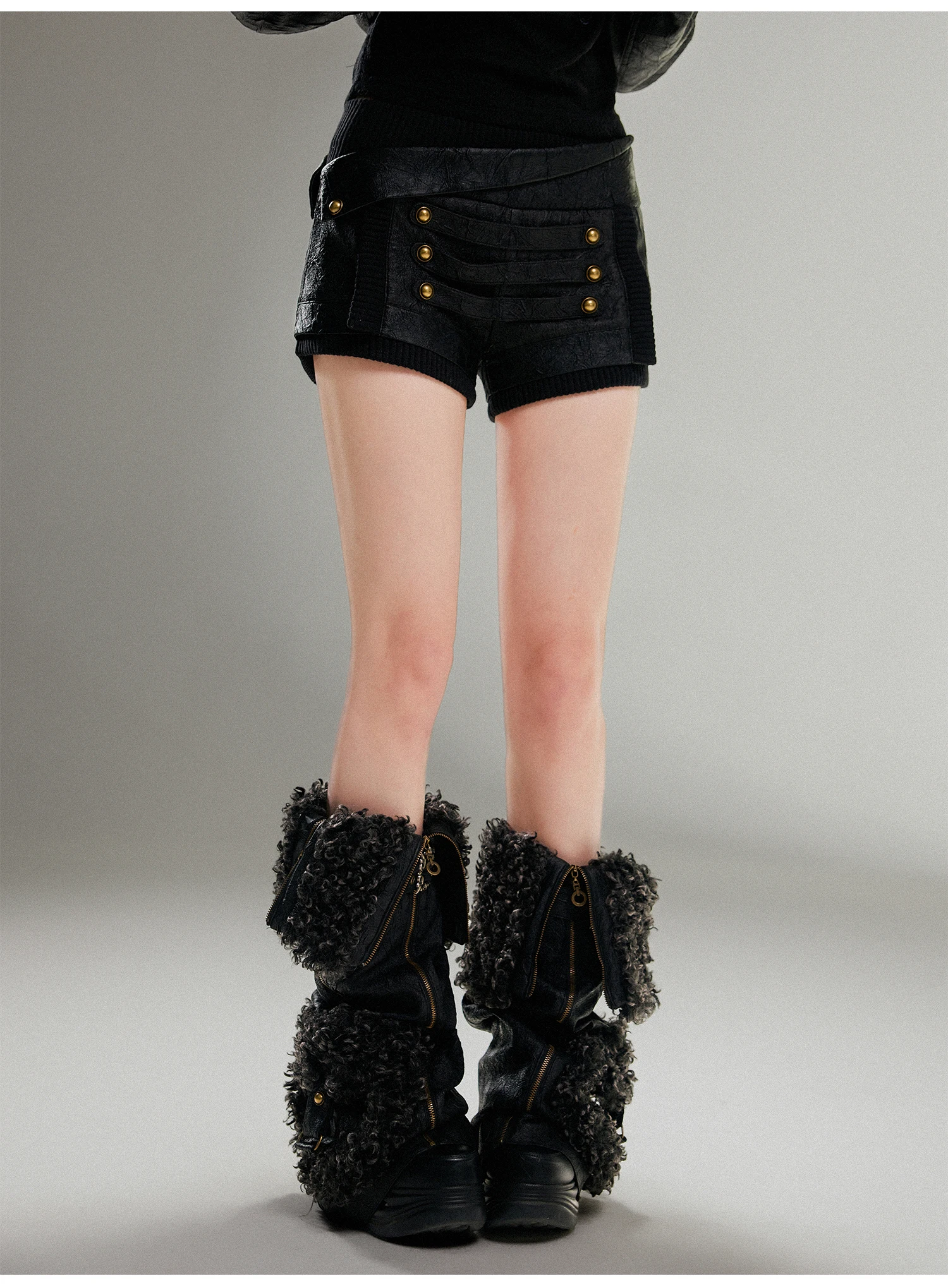 ARIADNAw Original Design Low Waist Shorts Heavy Made Pu Patch Fur Punk Rave Subculture Girls Shorts with Leg Cover