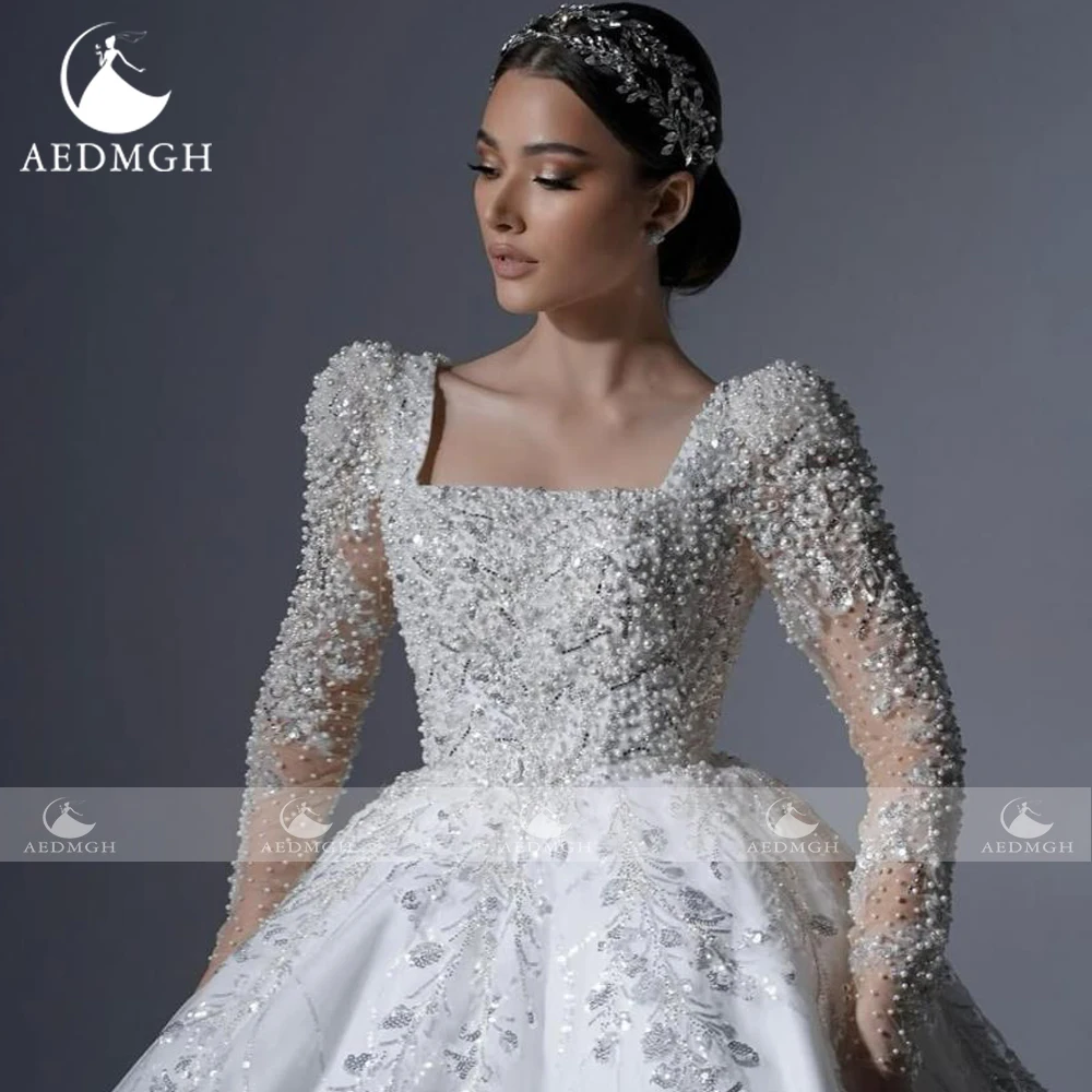 Suknie ślubne Aedmgh, luksusowe suknie balowe, dekolt łódka, długi rękaw, Vestido De Novia, koronka, cekiny, księżniczka, szyte na miarę suknie ślubne.