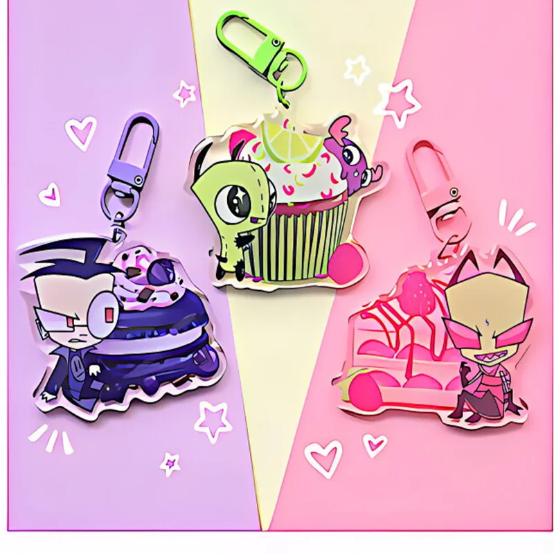 Acrylic Keychain Charms - Colorful, Cake - Shaped | Invader Zim - Inspired Design with Zim, Dib,  Bag or Key Decor