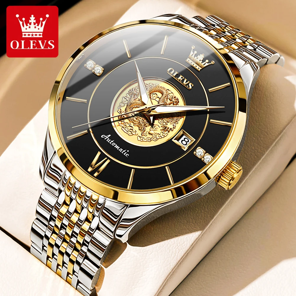 OLEVS Men's Chinese Dragon Dial Automatic Mechanical Wristwatch, Stainless Steel, Waterproof, Luminous Date, Business, Luxury