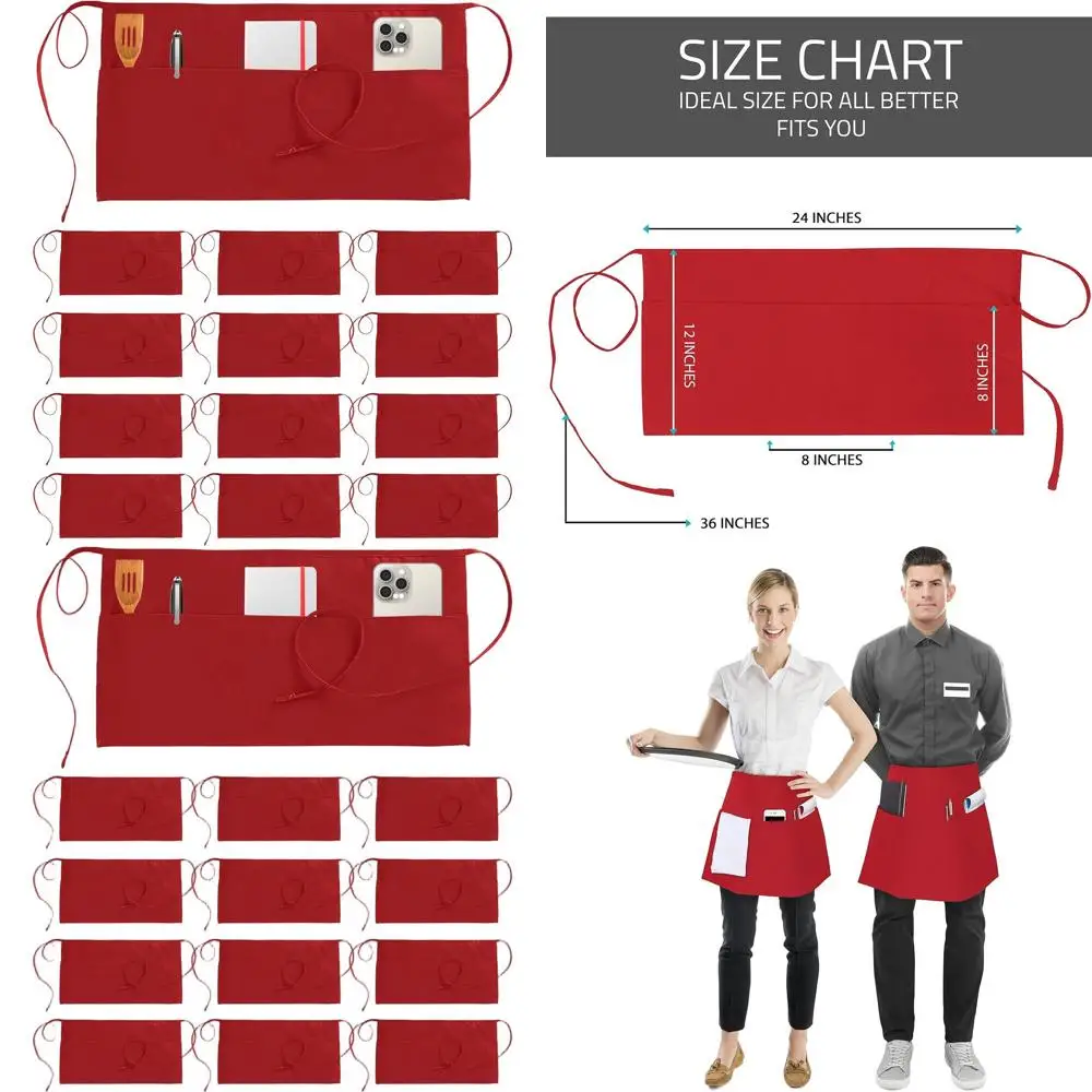12-Pack Server Apron with 3 Pockets, 12 Waist Apron for Waitstaff, Utopia Wear