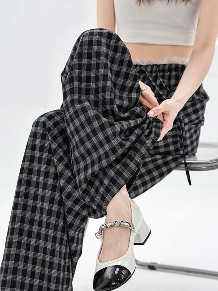 

Vintage Loose Plaid Pant Women Korean High Waisrt Lace Patchwork Sweet Trousers Casual Lace Up Elegant Retro Wide Leg Pants New