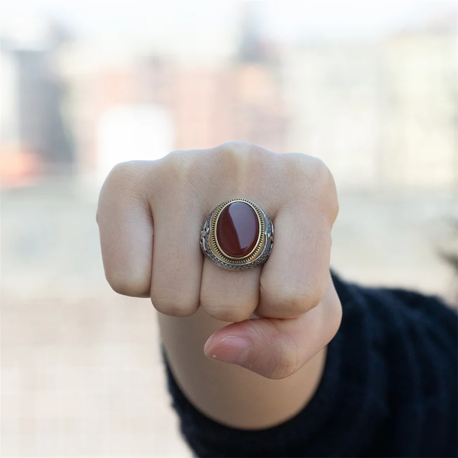 Genuine 925 Sterling Silver Ring for Men with Natural Red Onyx Stone Handmade Agate Vintage Turkish Silver Rings for Man Jewelry