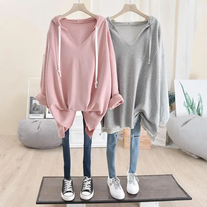 Oversize Spring Female Clothing V-neck Drawstring Solid Color Long Sleeve Pullovers Ladies Korean Style Casual Long Sweatshirts