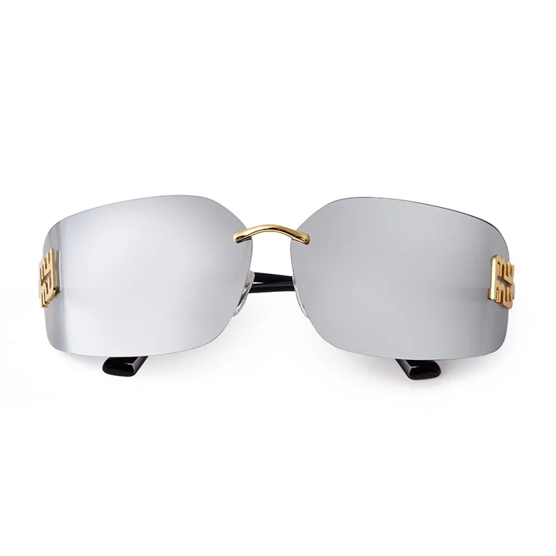 STORY Mode Gespiegelde Randloze Zonnebril voor Vrouwen Mannen Luxe Merk Designer Trendy Gebogen Lens Frameloze Zonnebril UV S8051A