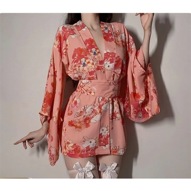 

Женское японское нижнее белье, сексуальные пижамы, кимоно с вишневым цветом, халат, ночная рубашка, комплект, соблазнительная горячая униформа