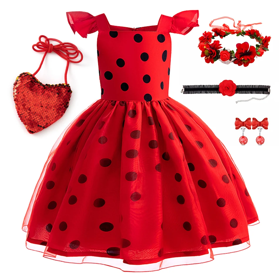 Baby Girl Polka Dot Red Princess Dress Children Cute Birthday Party Frock Toddler Halloween Xmas Carnival Festival Mesh Bow Gown