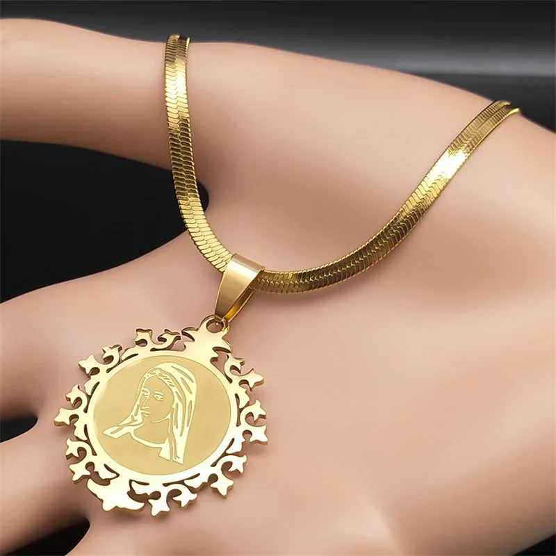 Religijne naszyjniki z modlitwą Dziewicy dla kobiet Mężczyźni Stal nierdzewna Złoty kolor Chrześcijaństwo Medal Naszyjniki Biżuteria N6263S02 — zdjęcie 5