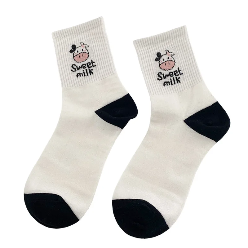 Striped Socks Funny Cow Print White Cartoon Calcetines Cozy Harajuku Skarpetki Damskie Cute Animal Chaussettes Kawaii Happy Sock