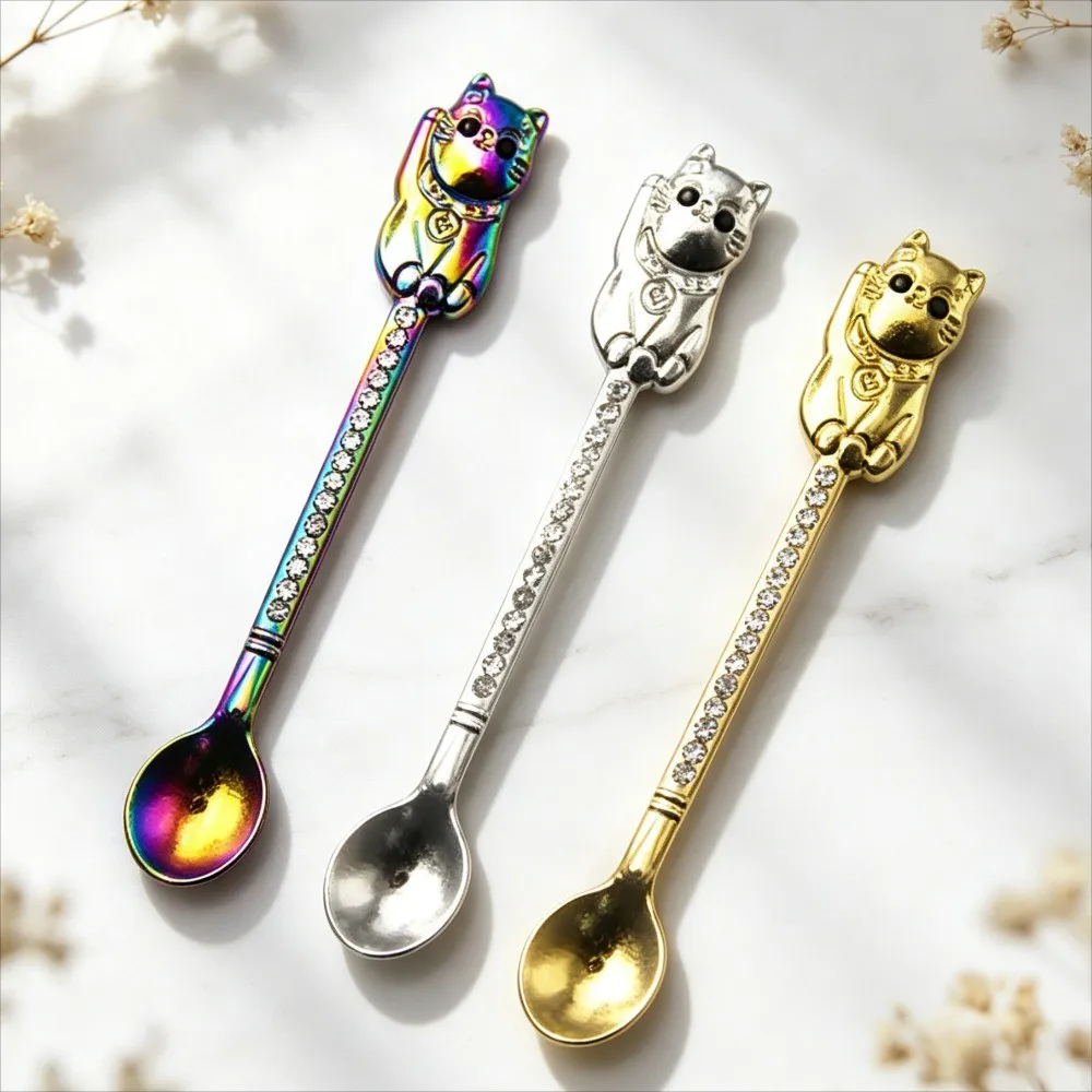 Cat Shaped Diamond Inlaid Metal Small Spatula Spoon Micro Adjustment Spoon Multipurpose Smoking Accessory Kitchen Gadget