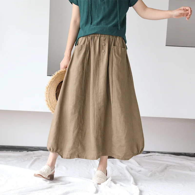 Johnature Casual New Summer Skirts Solid A-line Button Mid-calf Natural Loose Cotton Pockets Women Clothes 2024 Women Skirt