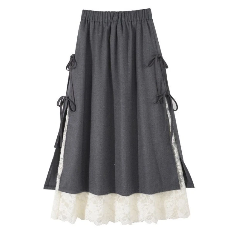 

Vintage Y2k Tweed Maxi Skirts Autumn Winter Korean Fashion Women Elegant Lace-up High Waist A-line Large-hem Long Pleated Skirt