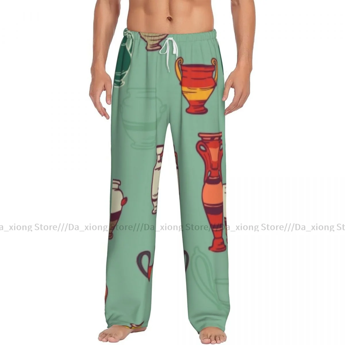 Mens Casual Pajama Long Pant Loose Elastic Waistband Greek Pottery Cozy Sleepwear Home Lounge Pants