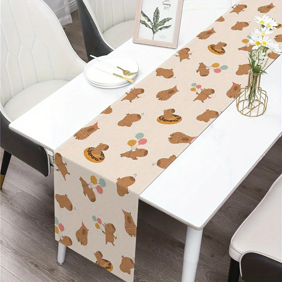 Capybara Birthday Table runner | Balloons Confetti Pastel Striped Easy-Clean Rectangular Teen Girl Boy Party Decor